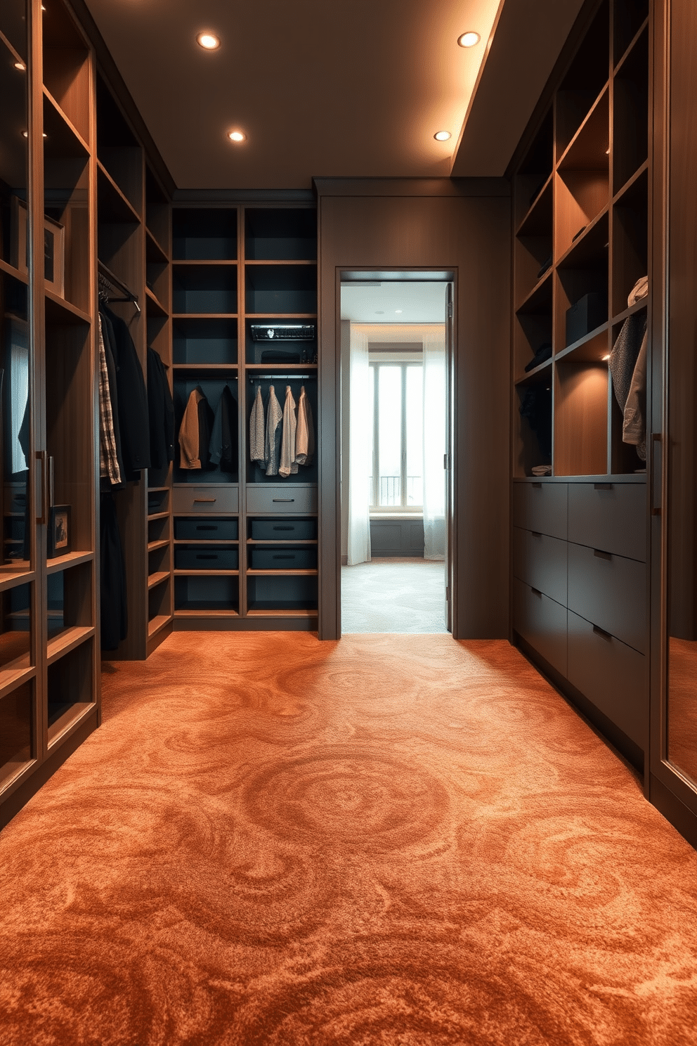 A luxurious carpet in a soft, plush texture covers the floor, inviting warmth and comfort into the space. The color palette features rich tones, with subtle patterns that enhance the cozy atmosphere. The walk-in closet is designed with elegant built-in shelving and hanging spaces, maximizing both style and functionality. Soft lighting illuminates the area, highlighting the plush carpet and creating a serene dressing environment.