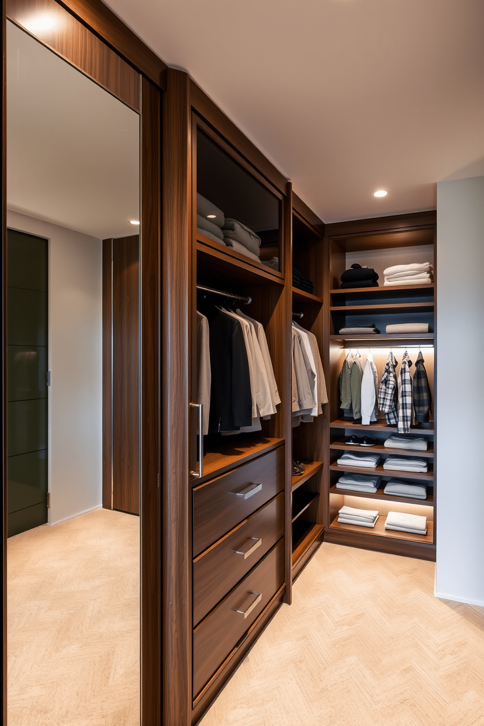 A luxurious walk-in closet featuring an integrated full-length mirror on one wall, providing both functionality and style. The space is adorned with custom cabinetry in a rich walnut finish, complemented by soft, ambient lighting that highlights the organized shelving and hanging space.