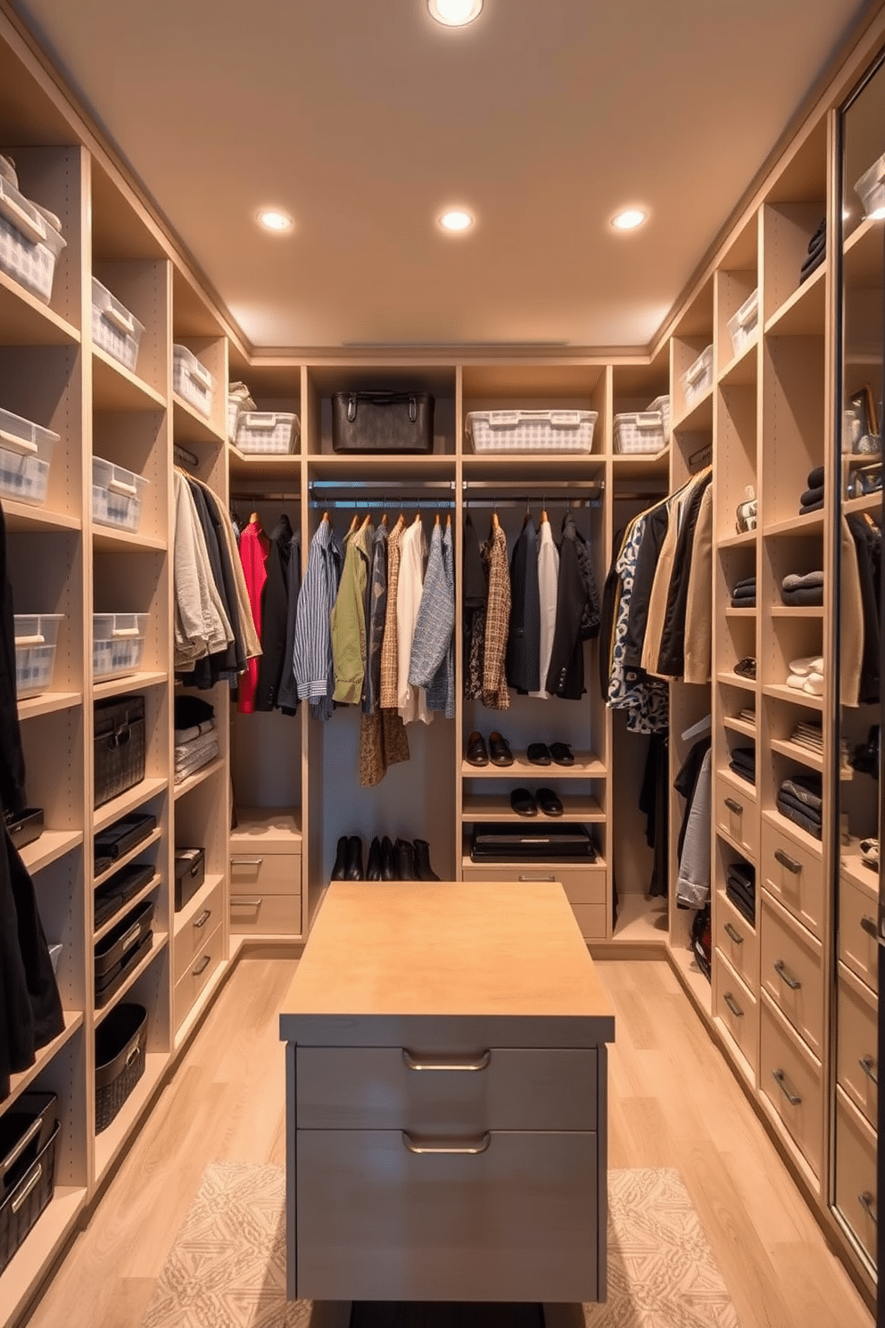 A walk-in closet designed for seasonal rotation storage features custom shelving and compartments to efficiently organize clothing and accessories. The layout includes designated sections for summer and winter wardrobes, maximizing space with pull-out bins and adjustable hanging rods. The design incorporates a central island with drawers for smaller items, ensuring easy access and a clutter-free environment. Soft, ambient lighting enhances the space, while mirrors are strategically placed to create a sense of openness and functionality.