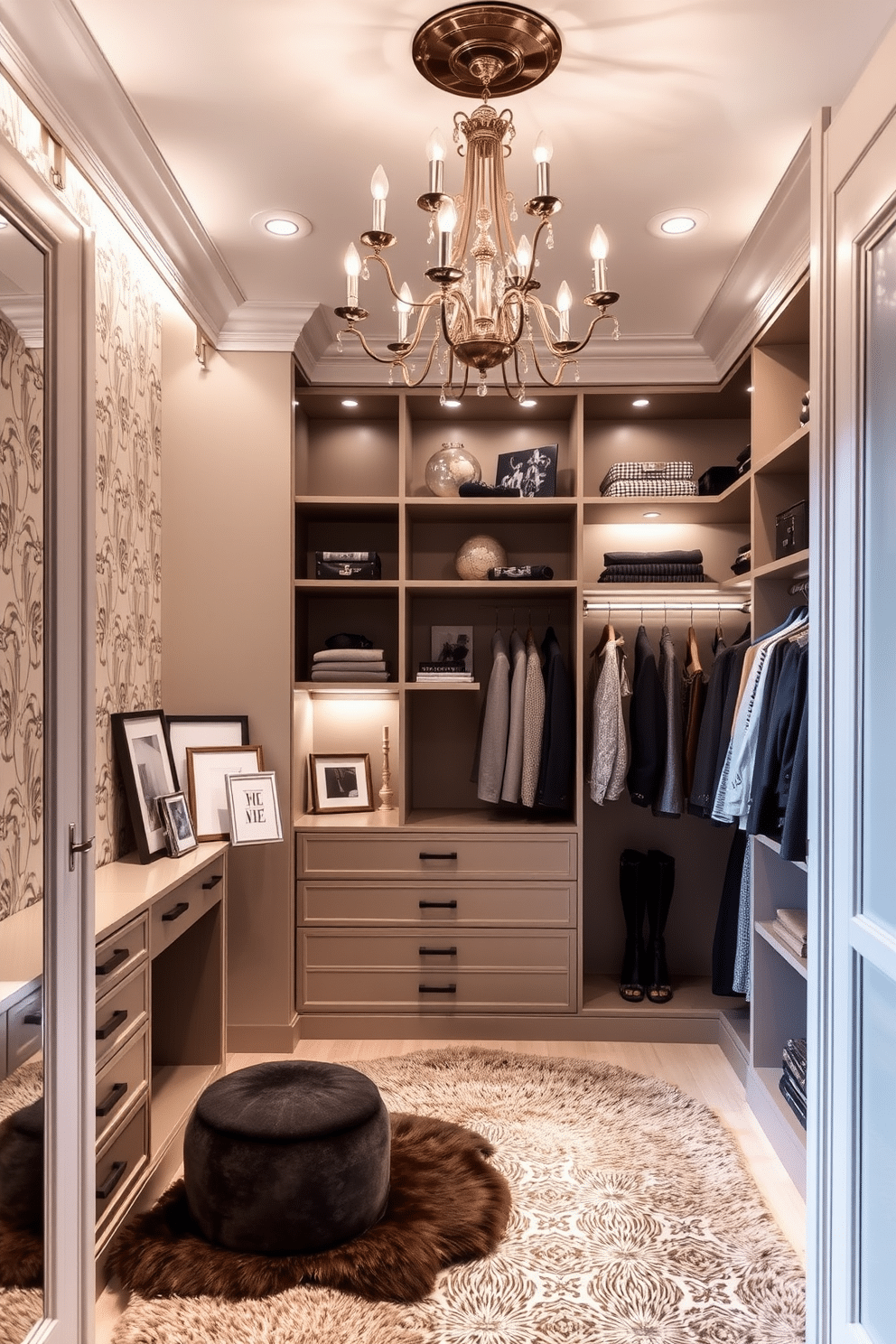 A luxurious walk-in closet featuring custom-built shelving and hanging space, illuminated by soft recessed lighting. The walls are adorned with elegant wallpaper in a neutral tone, while a plush area rug adds warmth underfoot. Incorporate a statement chandelier that serves as a focal point, enhancing the overall sophistication of the space. Decorative elements such as framed artwork and stylish accessories are strategically placed on shelves to create a curated look.