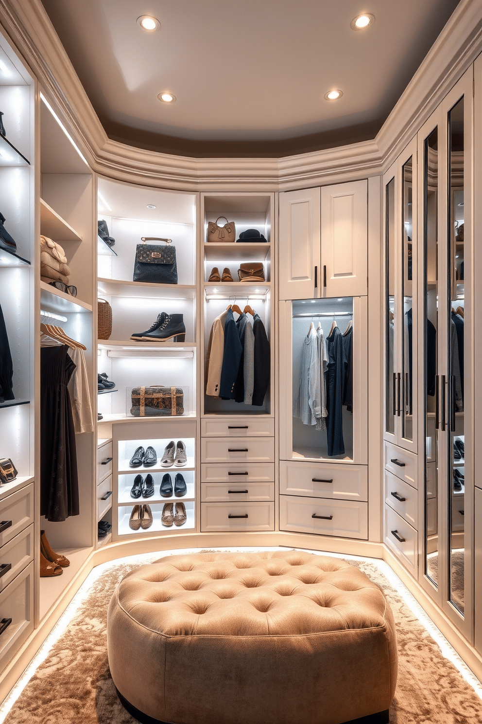 A luxurious walk-in closet featuring built-in lighting that highlights the elegant shelving and hanging spaces. The design incorporates soft, ambient lighting along the edges and spotlighting for specific areas, creating a bright and inviting atmosphere. The closet is equipped with custom cabinetry, providing ample storage for shoes, bags, and accessories. A plush seating area is included, adorned with a chic ottoman, enhancing both functionality and style.