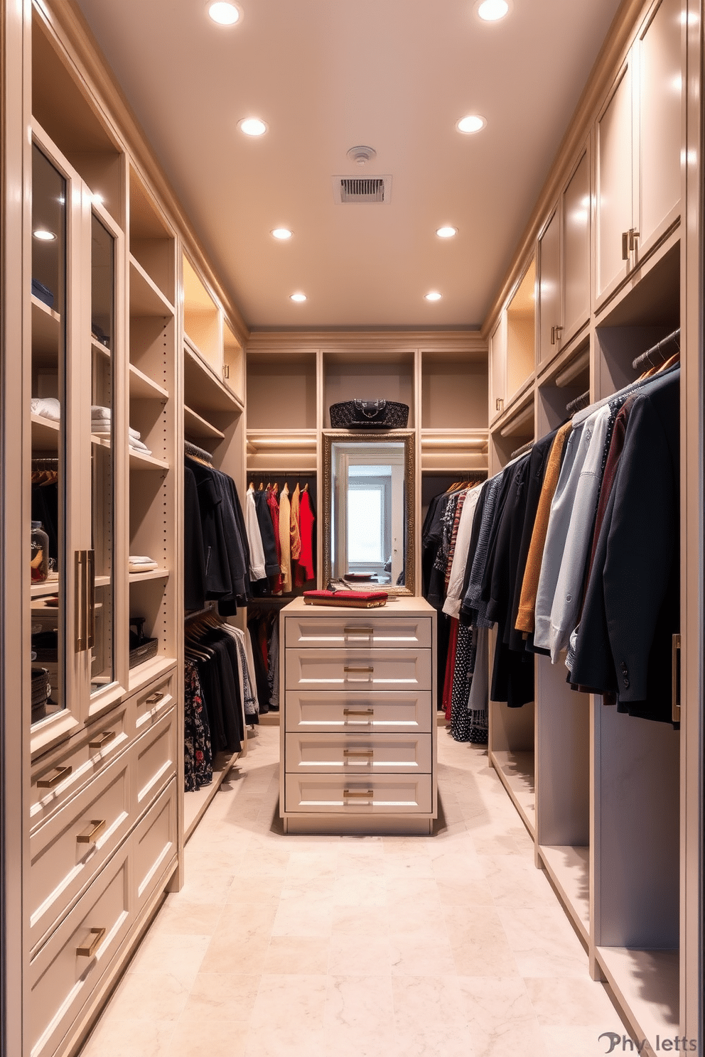 A spacious walk-in closet features an organized layout with ample room for easy movement. Custom shelving and hanging rods are strategically placed to maximize storage while maintaining an open and airy feel. The design incorporates a central island with drawers for accessories and a full-length mirror for convenience. Soft lighting illuminates the space, enhancing the elegant finishes and creating a luxurious atmosphere.