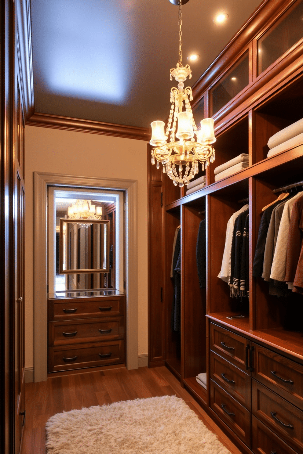 A stunning walk-in closet featuring an elegant chandelier that casts a warm glow over the space. The walls are lined with custom cabinetry in a rich wood finish, and a plush area rug adds a touch of comfort underfoot.