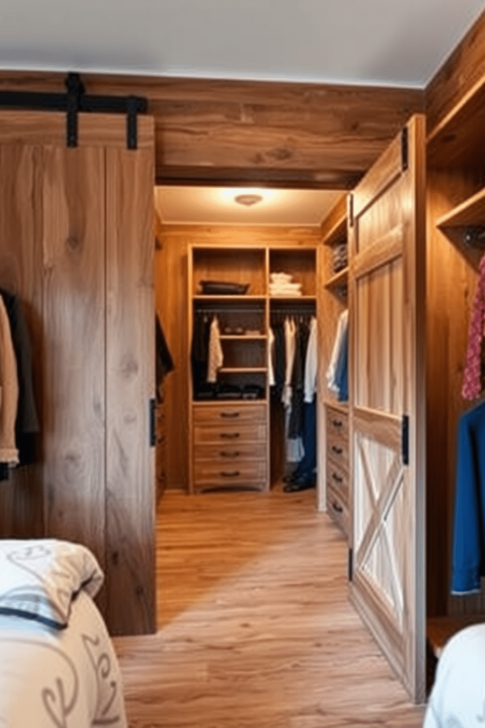 A spacious walk-in closet with sliding barn doors adds a rustic charm to the space. The interior features custom shelving and hanging areas, with warm wood tones and soft ambient lighting enhancing the cozy atmosphere.