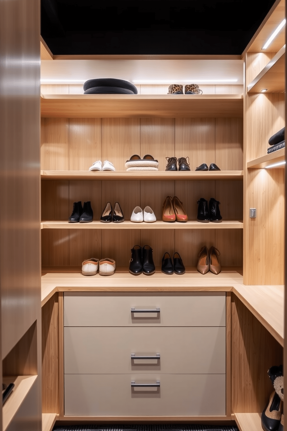 A stylish walk-in closet featuring open shelving for easy access to shoes and accessories. The shelves are crafted from light wood, creating a warm and inviting atmosphere, while soft LED lighting highlights the organized space.