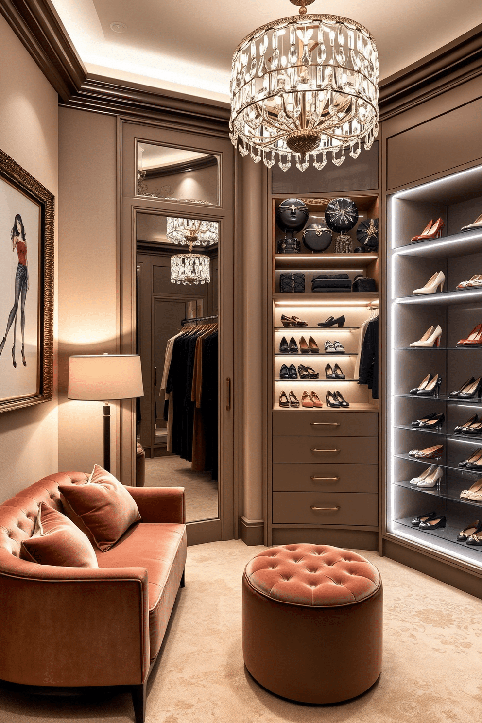 A luxurious dressing area featuring plush seating upholstered in soft velvet, complemented by a chic ottoman and an elegant floor lamp. The walls are adorned with framed fashion illustrations, and a large mirror reflects the ambient light from a stylish chandelier above. The walk-in closet boasts custom cabinetry with a mix of open shelving and closed storage, creating a perfect blend of functionality and style. Soft LED lighting illuminates the space, highlighting a carefully curated selection of shoes and accessories displayed on glass shelves.