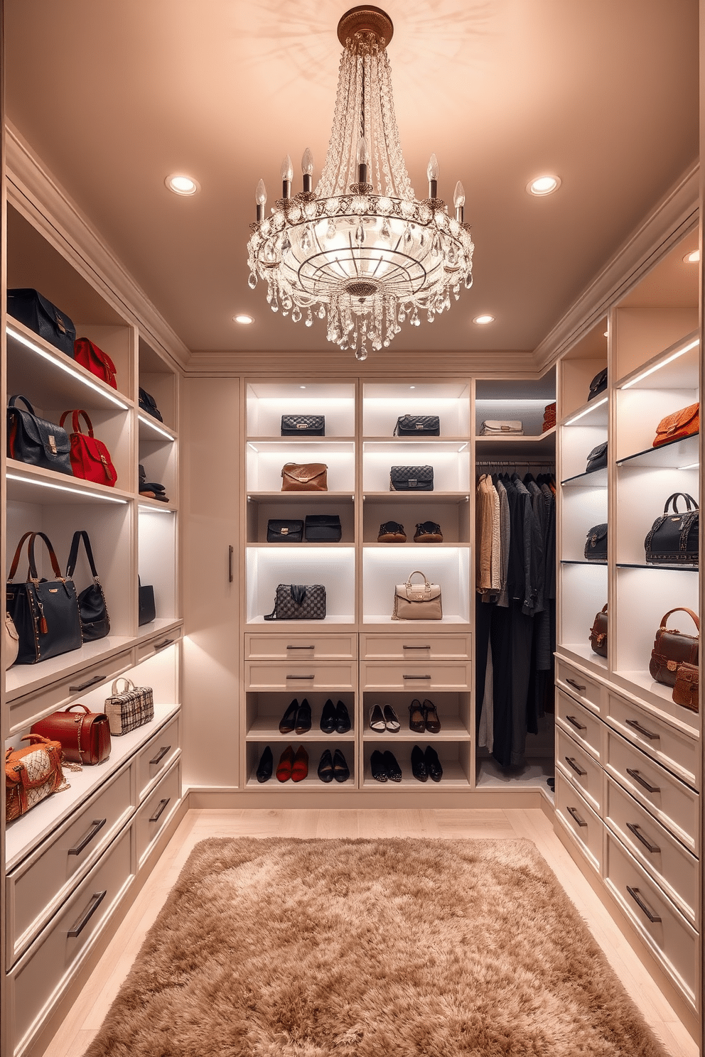 A stunning walk-in closet features an elegant crystal chandelier hanging from the ceiling, casting a warm glow over the space. The walls are lined with custom shelving and soft, neutral tones, creating a sophisticated backdrop for the designer handbags and shoes displayed within. Incorporate ambient LED strip lighting along the shelves to highlight your curated collection, while recessed lighting adds an extra layer of brightness. A plush area rug underfoot provides comfort, completing the luxurious atmosphere of this dream walk-in closet.