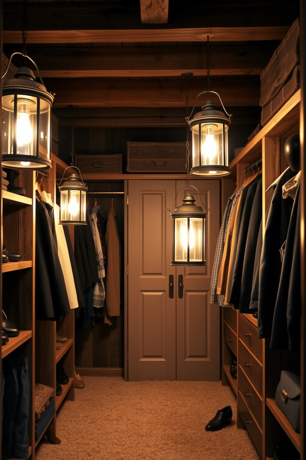 A cozy walk-in closet illuminated by vintage-inspired lanterns, casting a warm glow across the space. The lanterns hang from exposed wooden beams, complementing the rustic charm of reclaimed wood shelving and plush carpet underfoot. Soft, ambient lighting enhances the rich textures of the closet, creating an inviting atmosphere for selecting outfits. The lanterns are strategically placed to highlight a collection of elegant shoes and accessories, adding a touch of sophistication to the rustic design.