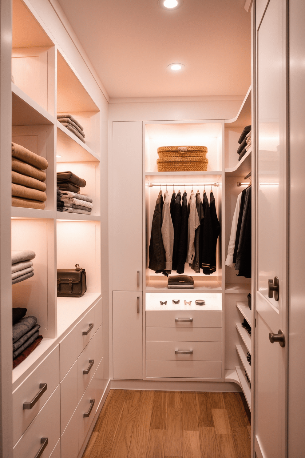 A walk-in closet featuring under-shelf lighting that illuminates the shelves with a warm glow, creating an inviting atmosphere. The sleek design includes built-in cabinetry with recessed lighting, highlighting the textures of the fabrics and accessories displayed. Soft LED strips are installed under each shelf, providing enhanced visibility while maintaining a minimalist aesthetic. The overall color scheme is a blend of soft whites and natural wood tones, ensuring a harmonious and elegant space.