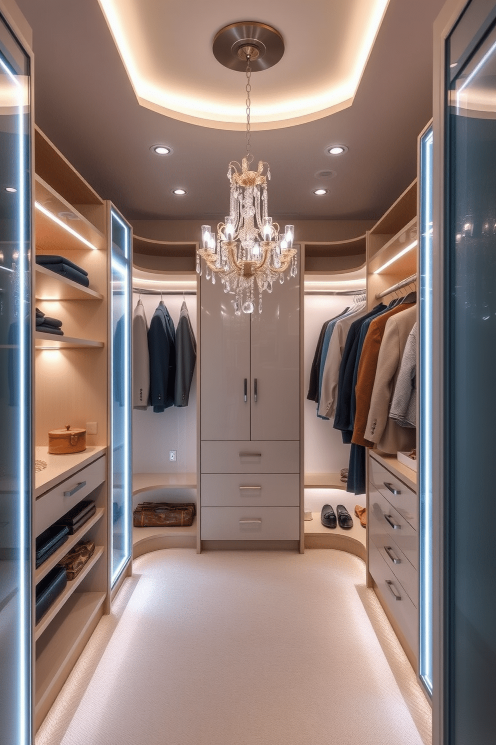 A luxurious walk-in closet designed with smart lighting systems for automated control. The space features adjustable LED strip lights along the shelves and a central chandelier that can be dimmed or brightened with a smart device. Soft, ambient lighting highlights the clothing and accessories, creating an inviting atmosphere. Motion sensors activate the lights as you enter, ensuring the closet is always perfectly illuminated when needed.