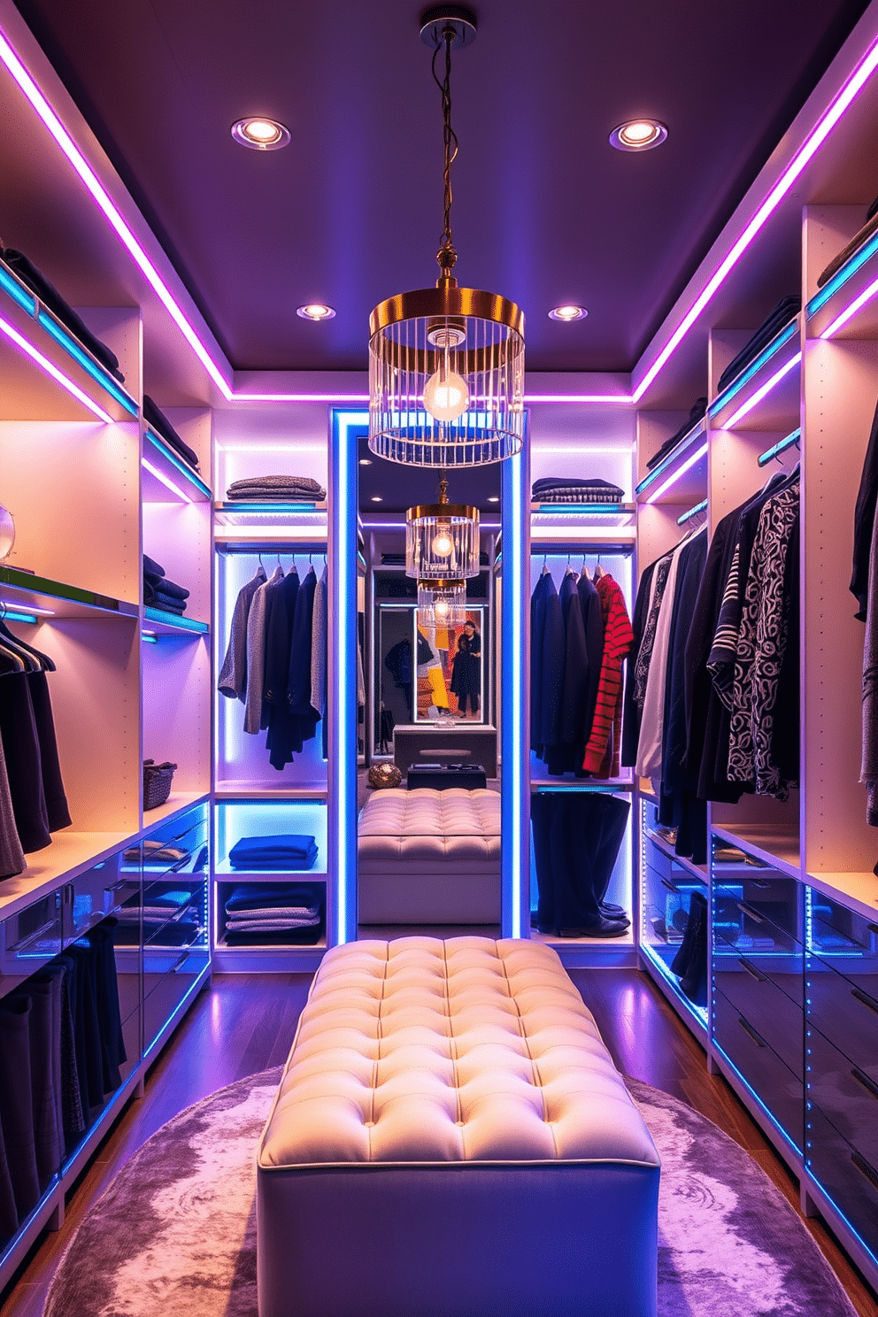 A luxurious walk-in closet featuring color-changing LED strip lights along the shelves and hanging rods, creating a vibrant and customizable atmosphere. The soft glow highlights the textures of the clothing and accessories, while a plush ottoman sits in the center for comfort and convenience. Incorporate layered lighting with recessed ceiling lights for a bright, inviting space, complemented by elegant pendant fixtures that add a touch of sophistication. A large mirror with backlighting reflects the stylish design, enhancing the overall ambiance and functionality of the closet.