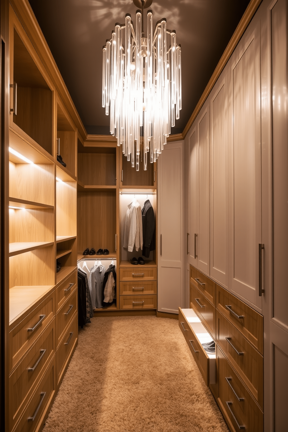 A stunning walk-in closet features a cascading glass tube chandelier that adds an air of elegance and sophistication to the space. The soft glow from the chandelier highlights the luxurious finishes of the cabinetry and the plush carpeting underfoot. Incorporating LED strip lighting along the shelves and inside the drawers enhances visibility and creates a warm ambiance. The combination of task and ambient lighting ensures that every corner of the closet is beautifully illuminated, making it both functional and inviting.