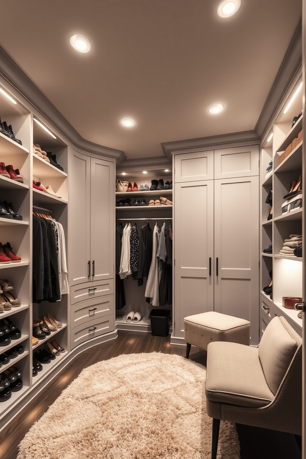 A spacious walk-in closet featuring battery-operated puck lights seamlessly integrated into the ceiling, providing bright, even illumination. The walls are lined with custom shelving units, showcasing an organized display of shoes and accessories, while a plush area rug adds warmth to the space. Soft, ambient lighting from the puck lights highlights a stylish full-length mirror and a cozy seating area in the corner. The closet is painted in a soft gray hue, enhancing the modern aesthetic and making the space feel inviting and luxurious.