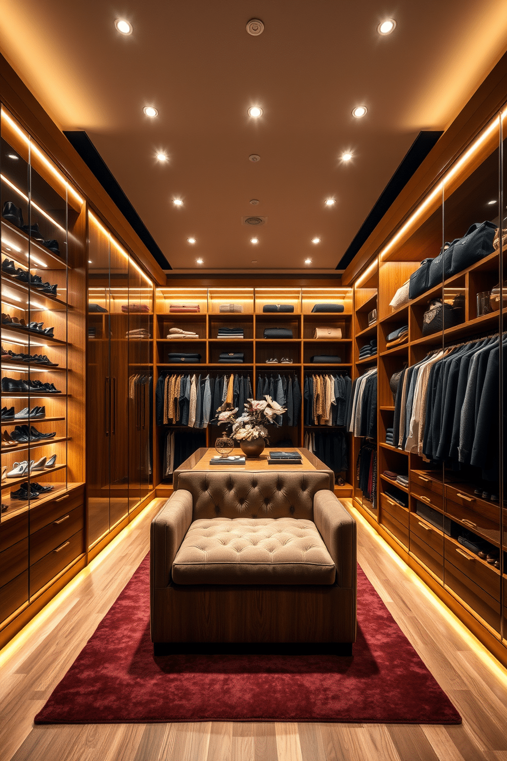 A luxurious walk-in closet featuring spotlights that illuminate the shoe display on the left side, creating a dramatic effect. The center island is adorned with a plush seating area, accentuated by soft, warm lighting that enhances the rich wood finishes and elegant decor. The ceiling is fitted with recessed lighting that casts a gentle glow throughout the space, highlighting the organized rows of clothing and accessories. Mirrored panels reflect the light, making the closet feel even more expansive and inviting.