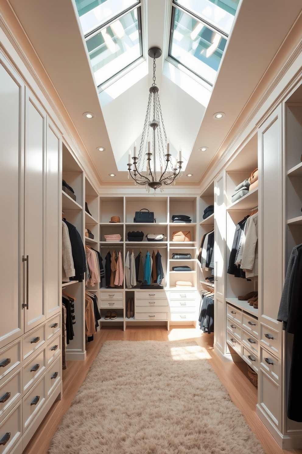 A spacious walk-in closet bathed in natural light streaming through large skylights, illuminating the elegant shelving and hanging spaces. The walls are lined with soft, neutral tones, and a plush area rug adds warmth underfoot, creating a serene retreat for organizing clothing and accessories. Strategically placed recessed lighting highlights the closet's features, enhancing visibility while maintaining a cozy atmosphere. A chic chandelier hangs in the center, adding a touch of luxury and style to this functional yet beautiful space.