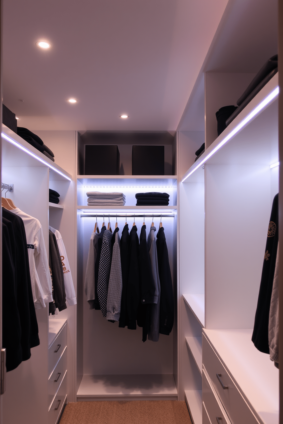 A walk-in closet designed with recessed lighting creates a sleek and modern atmosphere, enhancing the spaciousness of the area. The soft, ambient light highlights the organized shelves and hanging spaces, making it easy to find and appreciate your wardrobe. Incorporate LED strip lights along the edges of the shelving for a contemporary touch, providing both functionality and style. This lighting solution not only illuminates the closet but also adds a luxurious feel to the overall design.