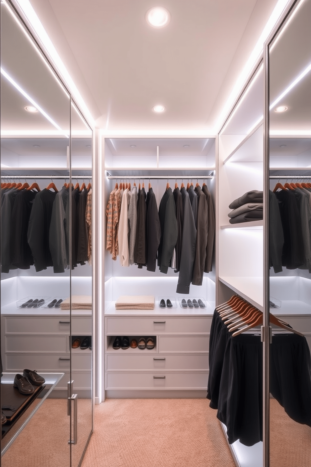 A sleek walk-in closet features backlit mirrors that enhance the modern aesthetic, creating a bright and inviting space. The mirrors are framed in brushed nickel, reflecting the soft glow of recessed lighting above, which illuminates the organized shelves and clothing displays. Incorporate adjustable LED strip lighting along the shelves and hanging rods to provide both functionality and style. This lighting design ensures that every garment is easily visible, while also adding a touch of elegance to the overall ambiance of the closet.