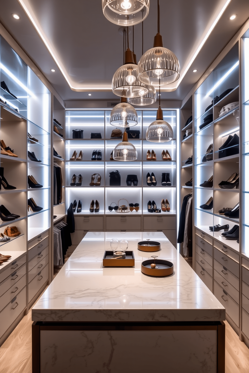 A luxurious walk-in closet featuring ambient lighting with motion sensors for ultimate convenience. The shelves are lined with elegant shoes and accessories, while soft LED lights illuminate the space as you enter, creating a warm and inviting atmosphere. The closet includes a central island with a marble top, adorned with decorative trays for jewelry and small items. Stylish pendant lights hang from the ceiling, casting a gentle glow over the entire area, enhancing the sophisticated design.