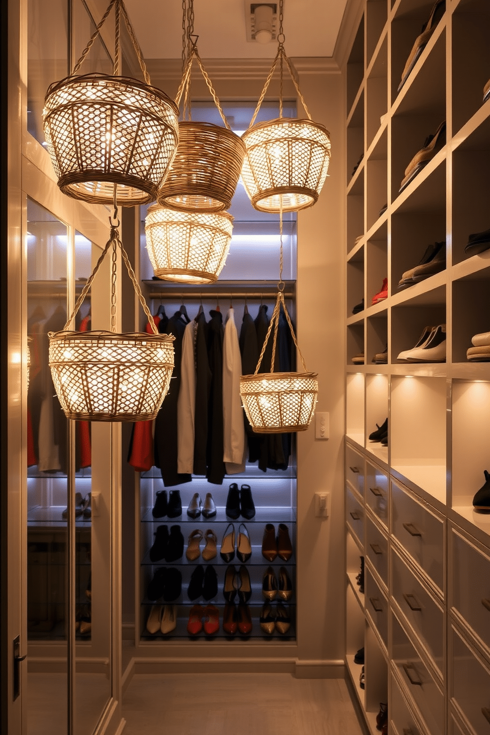 A stylish walk-in closet featuring hanging baskets with integrated lights, creating a unique and inviting atmosphere. The walls are lined with elegant shelving, and the soft glow from the lights highlights the curated collection of shoes and accessories.