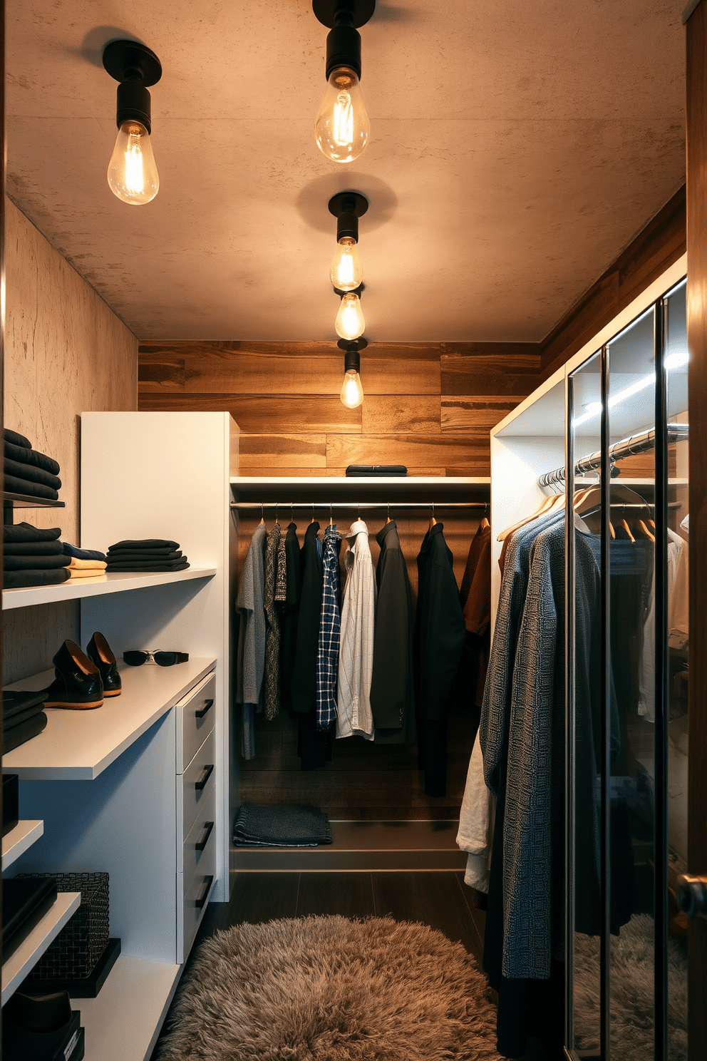 A trendy walk-in closet featuring industrial-style fixtures that enhance the modern aesthetic. The space is illuminated by pendant lights with exposed bulbs, casting a warm glow over the sleek shelving and hanging racks. The walls are adorned with a mix of raw concrete and reclaimed wood, creating a striking contrast. A plush area rug adds comfort underfoot, while strategically placed spotlights highlight the clothing and accessories on display.