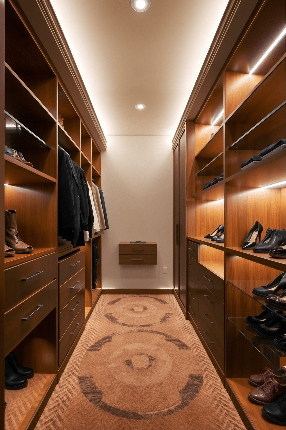 A luxurious walk-in closet featuring cove lighting that creates a warm, inviting atmosphere. The soft, indirect illumination highlights the elegant shelving and hanging space, enhancing the rich wood finishes and plush carpeting. Incorporate LED strip lights along the cove to provide functional yet stylish lighting. The gentle glow accentuates the curated collection of shoes and accessories, making it easy to find the perfect outfit.