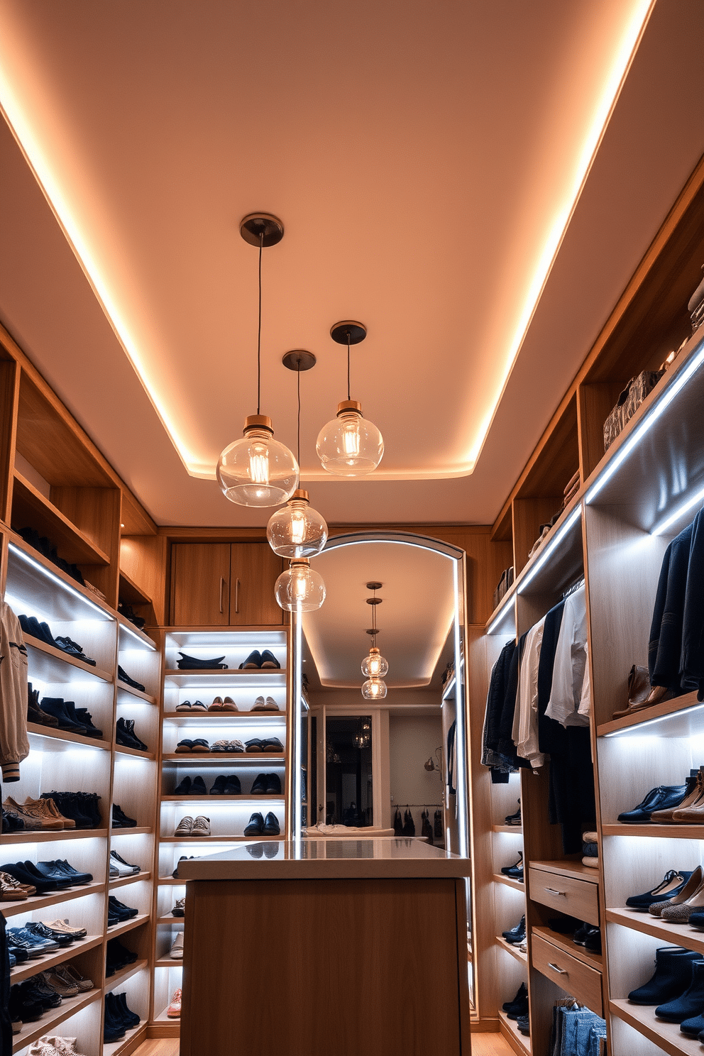 A luxurious walk-in closet featuring layered lighting with multiple sources. Recessed ceiling lights illuminate the space, while pendant lights hang elegantly above the central island, creating a warm and inviting atmosphere. Soft LED strip lights are integrated along the shelves, highlighting the neatly arranged shoes and accessories. A large, stylish mirror reflects the ambient light, enhancing the overall brightness and spacious feel of the closet.