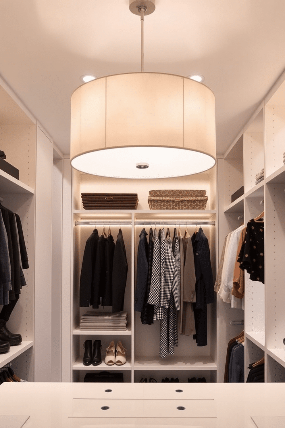 A chic drum shade chandelier hangs elegantly in the center of the walk-in closet, casting a warm glow over the space. The soft fabric of the shade complements the sleek shelving and hanging rods, creating a harmonious blend of style and functionality. For lighting ideas, consider recessed LED lights strategically placed to highlight the clothing displays and accessories. Pair these with a statement pendant light near the center to enhance the modern aesthetic while ensuring ample illumination throughout the closet.