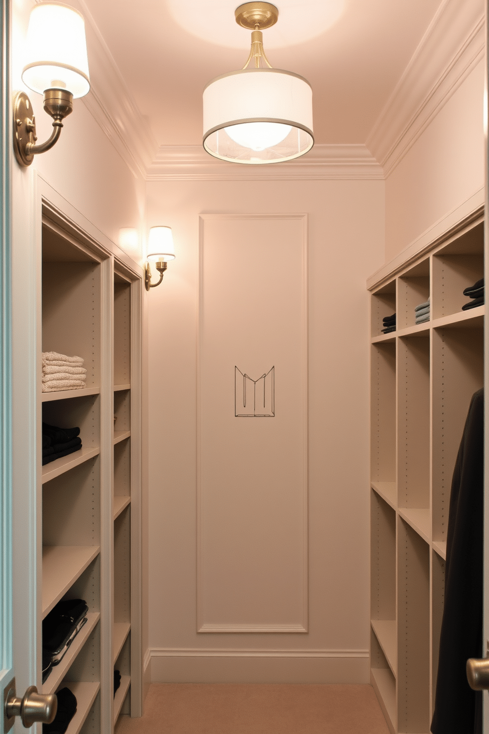 A cozy walk-in closet featuring elegant wall-mounted reading lights that provide a warm glow, creating an inviting atmosphere. The walls are lined with custom shelving, and the soft, neutral color palette enhances the overall elegance of the space.