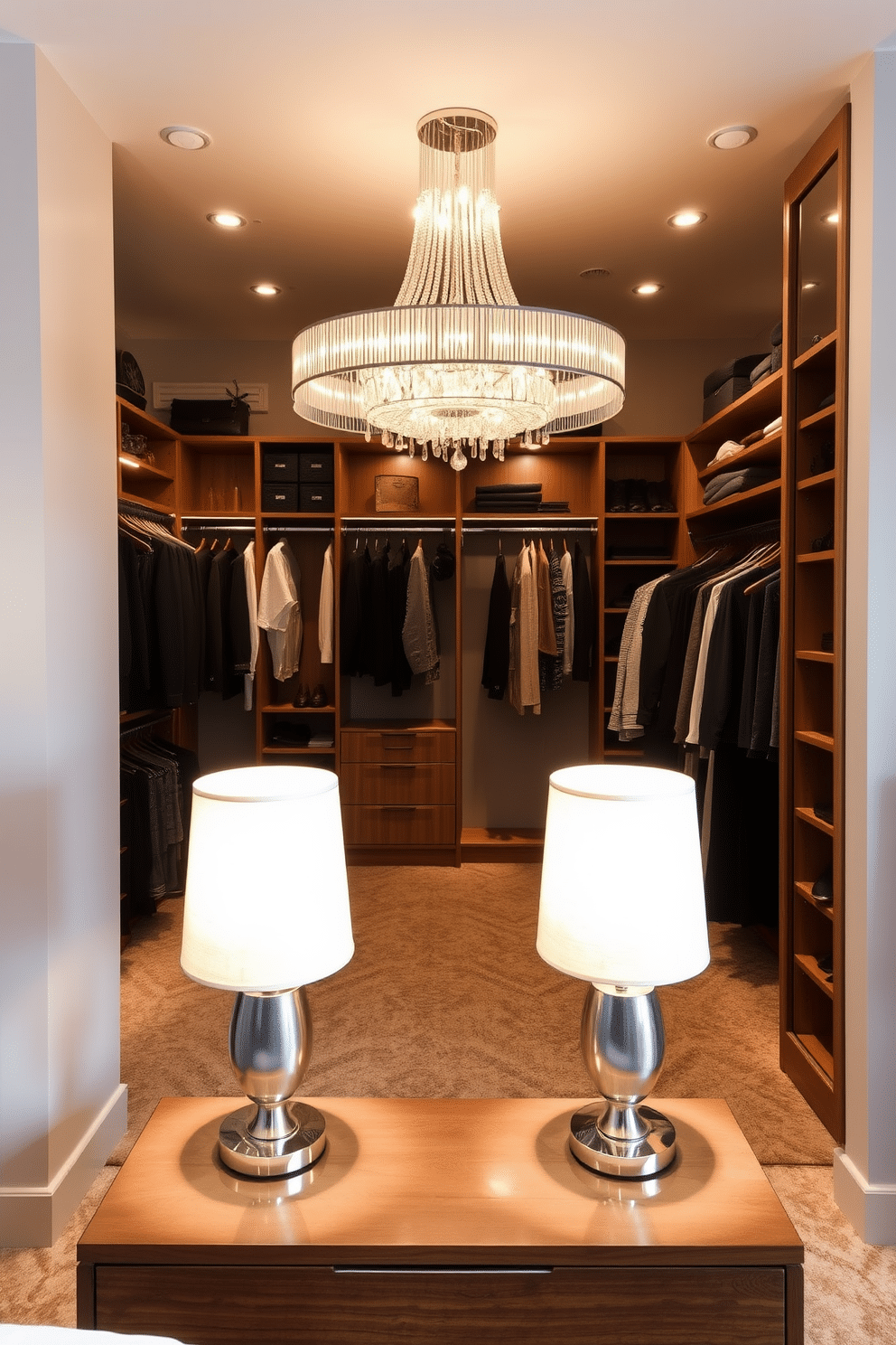 A pair of stylish table lamps sits elegantly on a sleek dresser, their soft glow illuminating the surrounding space. The lamps feature modern designs with metallic bases and textured fabric shades, complementing the rich wood finish of the dresser. In a luxurious walk-in closet, ambient lighting enhances the experience, with recessed lights strategically placed above the clothing racks. A stunning chandelier hangs in the center, casting a warm glow that highlights the plush carpet and organized shelves.