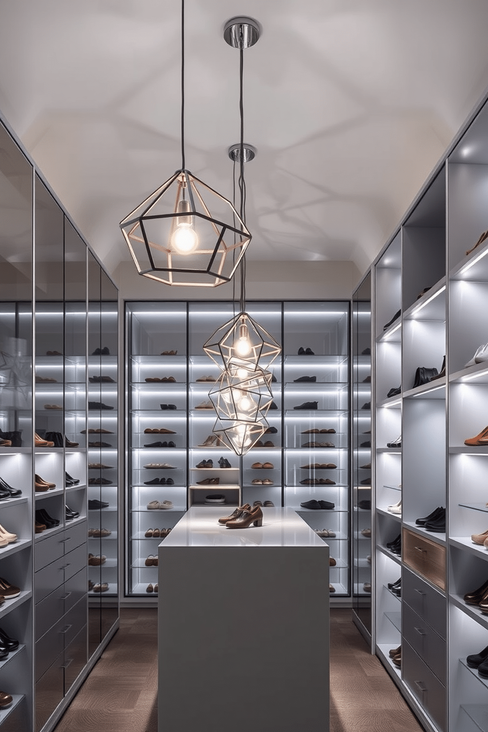 A modern walk-in closet featuring geometric pendant lights that create a striking visual impact. The lights hang elegantly from the ceiling, casting unique shadows on the sleek, mirrored surfaces of the closet. The space is designed with open shelving and a central island, illuminated by the pendant lights to highlight the organized displays of shoes and accessories. Soft, ambient lighting complements the geometric fixtures, enhancing the overall atmosphere of luxury and sophistication.