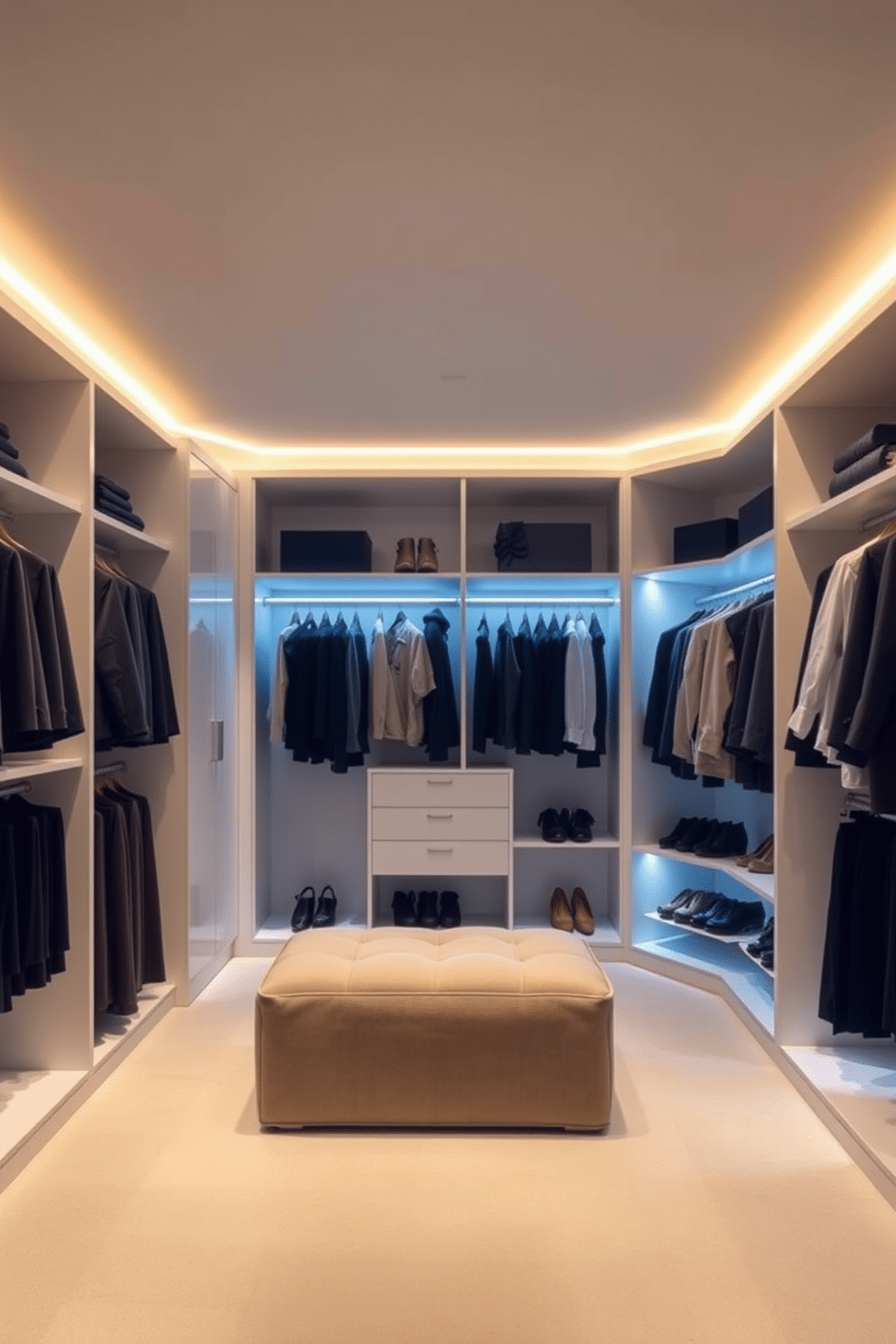 A modern walk-in closet featuring track lighting that allows for adjustable illumination options, ensuring every corner is well-lit. The sleek, minimalist design includes built-in shelving and a plush ottoman, creating a functional yet stylish space. The track lighting is strategically placed to highlight the organized clothing racks and shoe displays, enhancing the overall aesthetic. Soft, warm light casts a welcoming glow, making the closet feel inviting and luxurious.