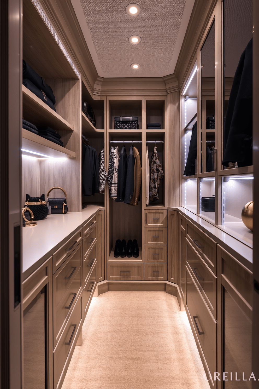 A luxurious walk-in closet featuring bespoke fixtures that seamlessly match the elegant decor. The space is illuminated by soft, ambient lighting that highlights the rich textures of the cabinetry and accessories. The closet showcases custom shelving and drawers, all crafted from high-quality materials that reflect personal style. Strategically placed LED lights accentuate the clothing and accessories, creating a sophisticated atmosphere.