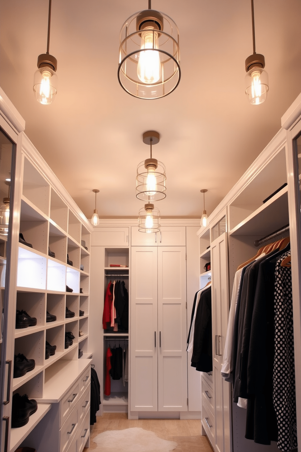 A modern walk-in closet featuring pendant lights as stylish focal points. The ceiling is adorned with several elegant pendant fixtures that cast a warm glow, highlighting the organized shelves and hanging spaces. The closet is spacious with custom cabinetry in a sleek white finish. Soft, ambient lighting complements the pendant lights, creating an inviting atmosphere for selecting outfits.