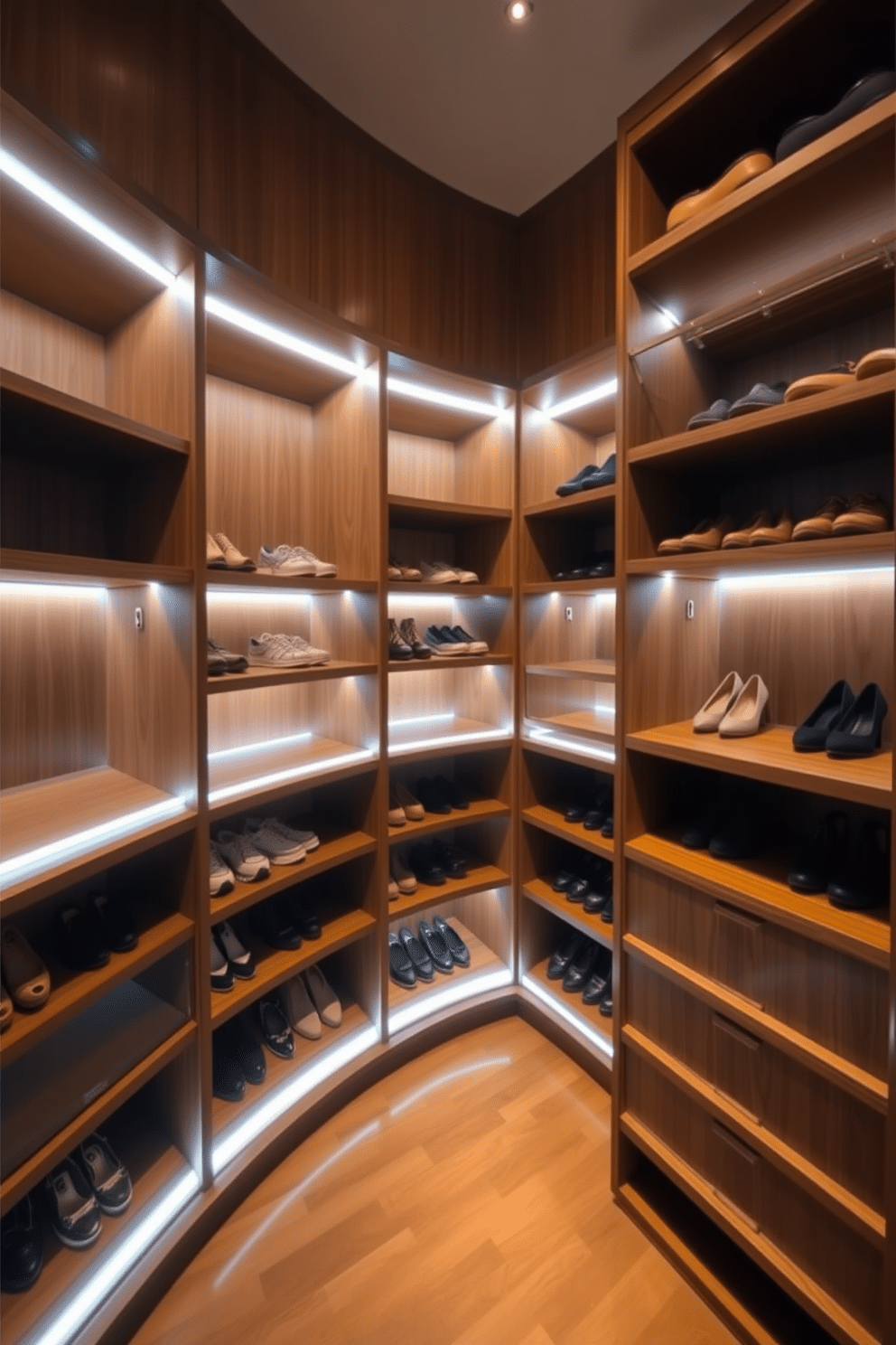 A luxurious walk-in closet featuring LED strip lights elegantly illuminating the edges of the shelving. The soft glow enhances the rich wood tones and showcases an organized display of shoes and accessories.