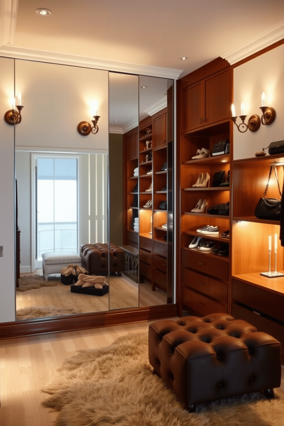 A luxurious walk-in closet adorned with elegant wall sconces that provide soft, ambient lighting. The sconces are mounted on either side of a full-length mirror, reflecting the warm glow and enhancing the overall sophistication of the space. The closet features built-in shelving with a rich wood finish, displaying an array of designer shoes and handbags. A plush area rug lies beneath a stylish ottoman, creating a cozy seating area illuminated by the gentle light from the sconces.