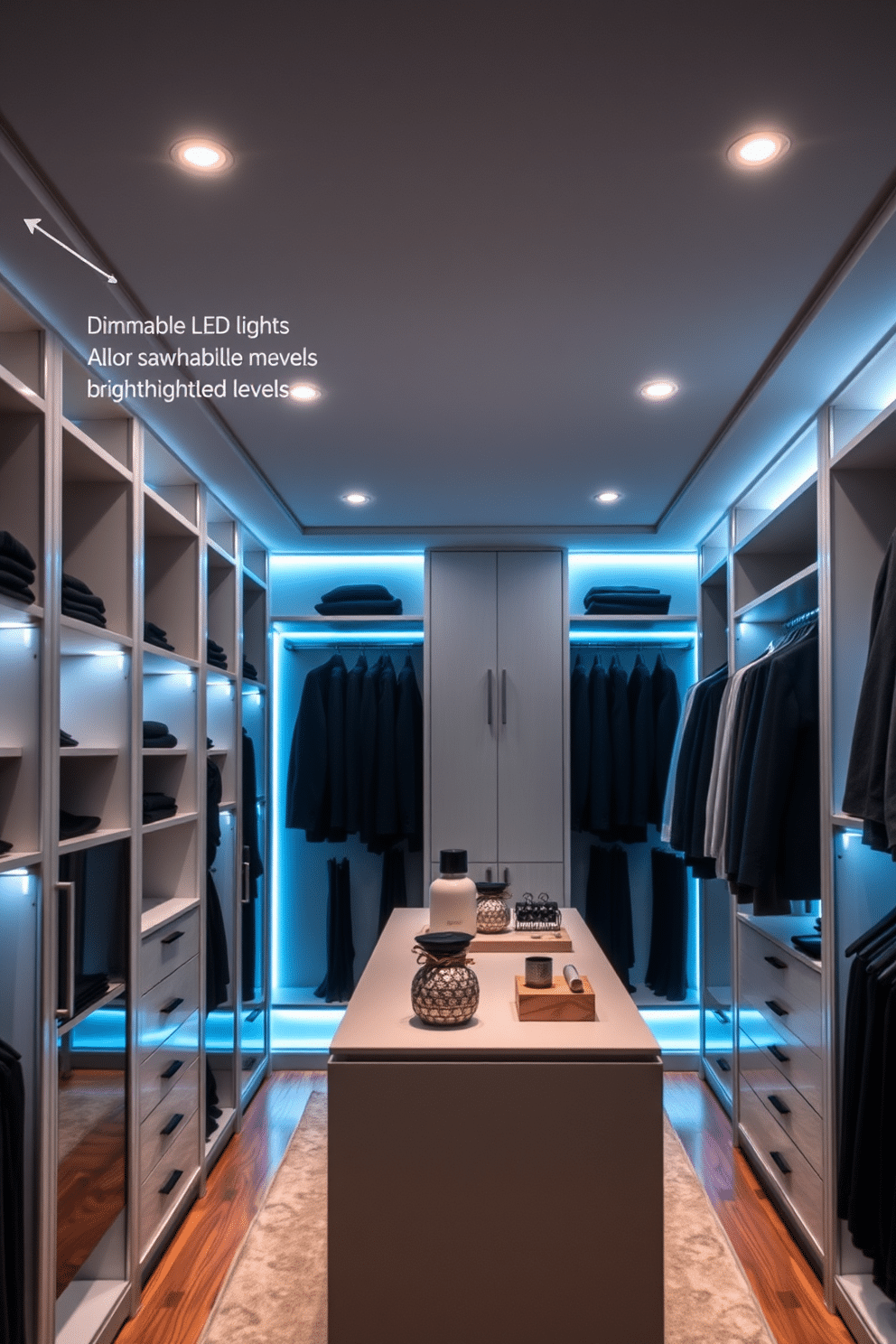 A luxurious walk-in closet featuring dimmable LED lights that allow for customizable brightness levels, creating a warm and inviting atmosphere. The lighting is strategically placed along the shelves and above the hanging garments, highlighting the elegant design of the space. Soft, recessed lights in the ceiling provide an even glow, while accent lights illuminate a stylish island in the center, adorned with accessories. The combination of lighting options enhances the overall functionality and aesthetic appeal of the closet, making it a perfect blend of practicality and sophistication.