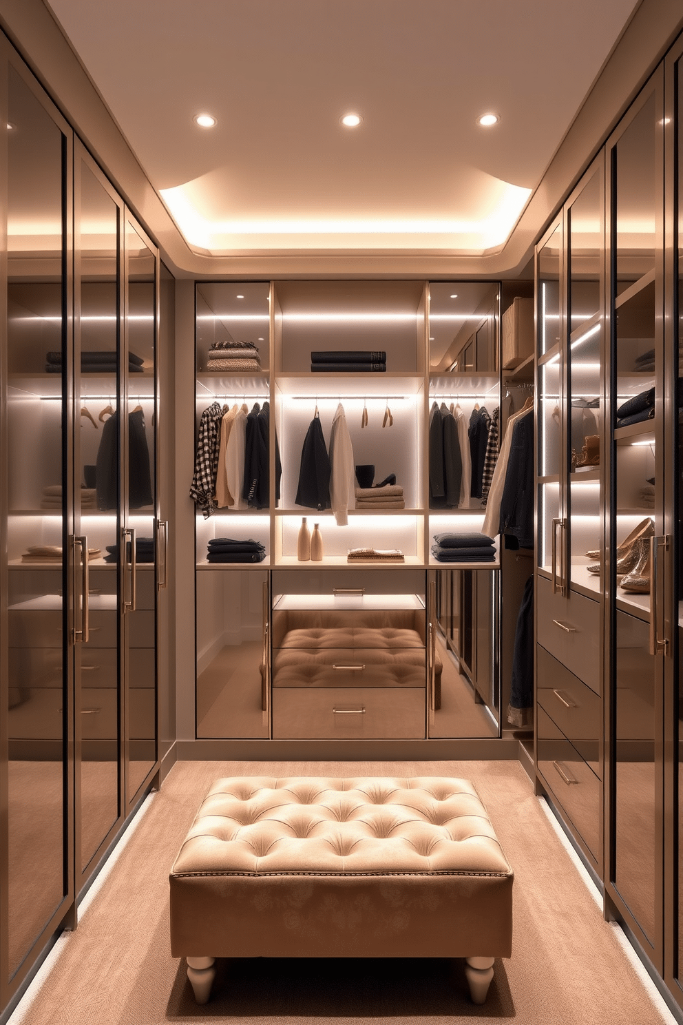 A luxurious walk-in closet features mirrored cabinets with built-in lighting that enhances the sleek design. The soft illumination highlights the elegant finishes of the cabinetry and creates an inviting atmosphere for selecting outfits. The space is adorned with strategically placed LED strips that illuminate the shelves and hanging areas, ensuring every corner is beautifully lit. A plush ottoman sits in the center, providing a comfortable spot for putting on shoes while the lighting adds a touch of glamour to the overall aesthetic.