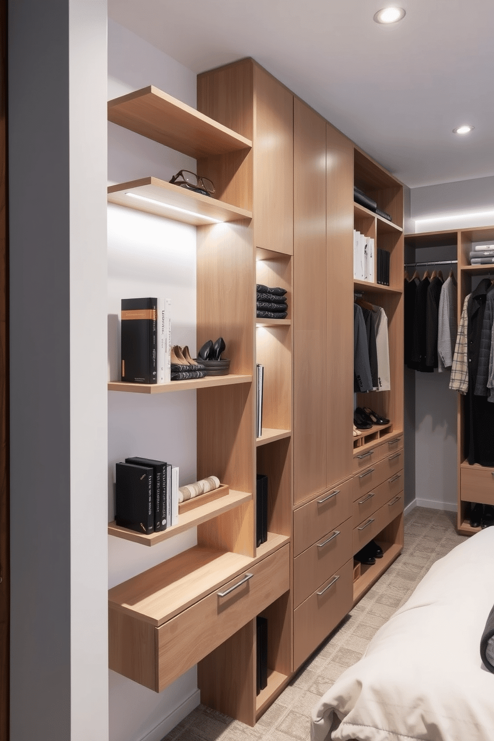 A sleek and modern customizable modular shelving system is installed along the wall, featuring a mix of open and closed storage options. The shelves are crafted from light wood with metal accents, providing a stylish yet functional space for books, decor, and personal items. The walk-in closet is designed with efficient organization in mind, showcasing a combination of hanging rods, drawers, and shoe racks. Soft LED lighting illuminates the space, highlighting the rich textures of the fabric and accessories neatly arranged throughout.