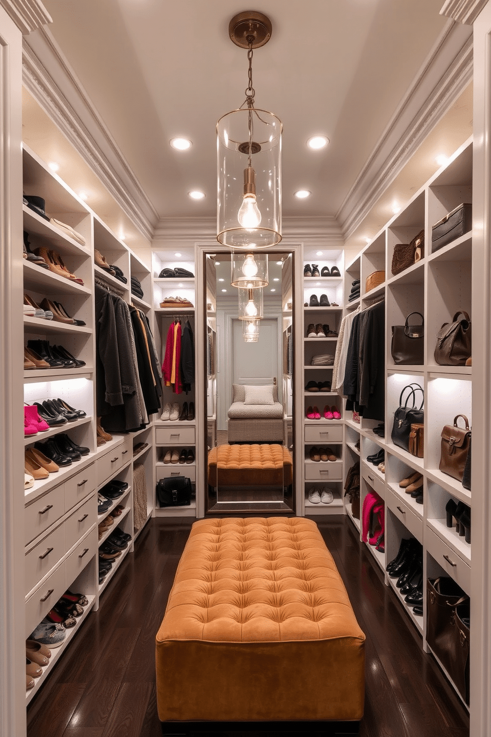 A spacious walk-in closet features custom shelving and hanging rods, designed to maximize storage efficiency. Soft, recessed lighting illuminates the space, highlighting neatly organized shoes, bags, and accessories arranged by color and style. In the center of the closet, a plush ottoman provides a comfortable spot for putting on shoes, while a full-length mirror reflects the organized layout. Elegant pendant lights hang from the ceiling, adding a touch of sophistication and ensuring every corner is well-lit for easy visibility.