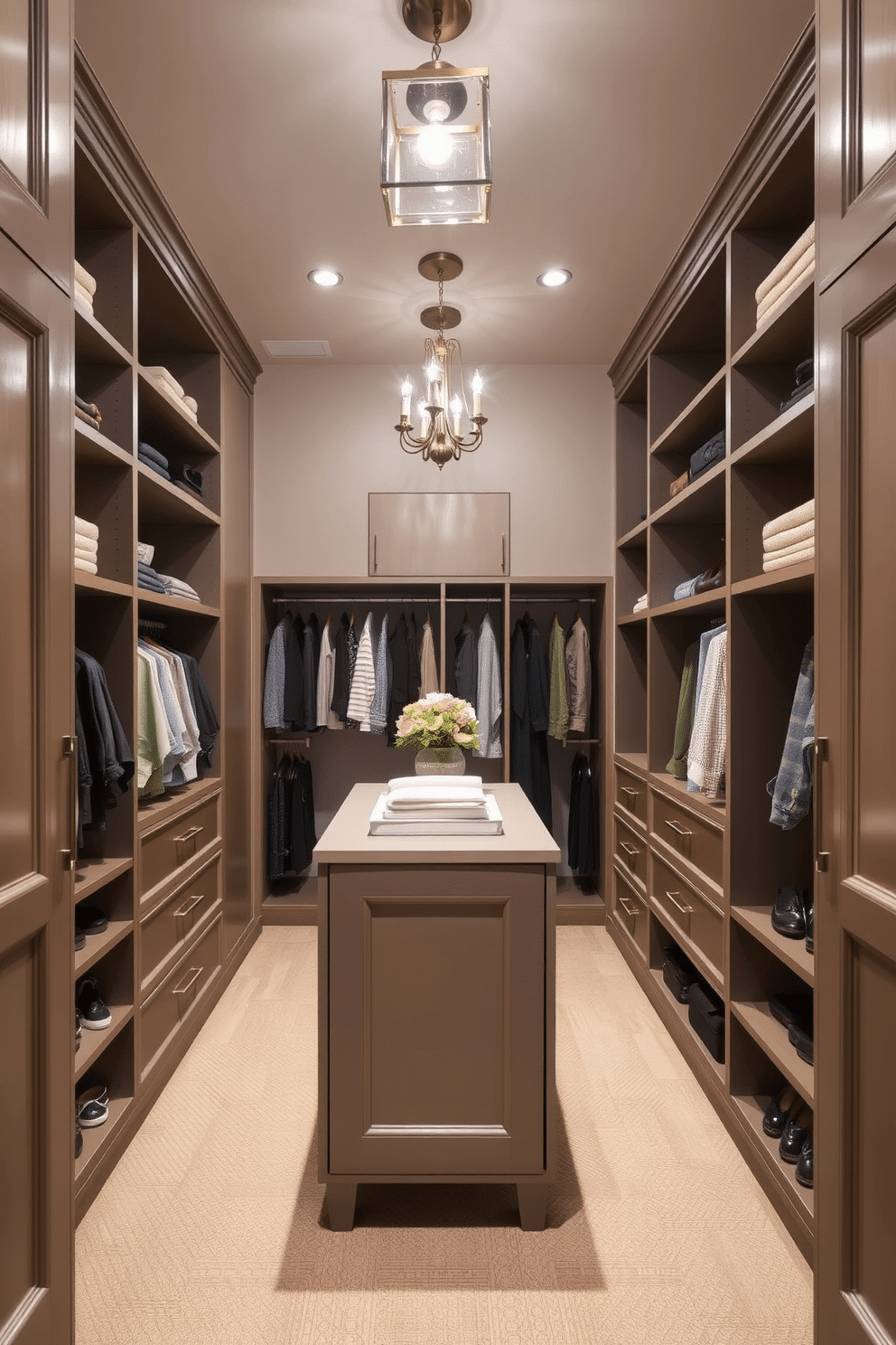 A stylish walk-in closet featuring a central small island designed for folding clothes, surrounded by custom cabinetry and open shelving. The walls are adorned with soft, neutral tones, while elegant lighting fixtures illuminate the space, creating a warm and inviting atmosphere.