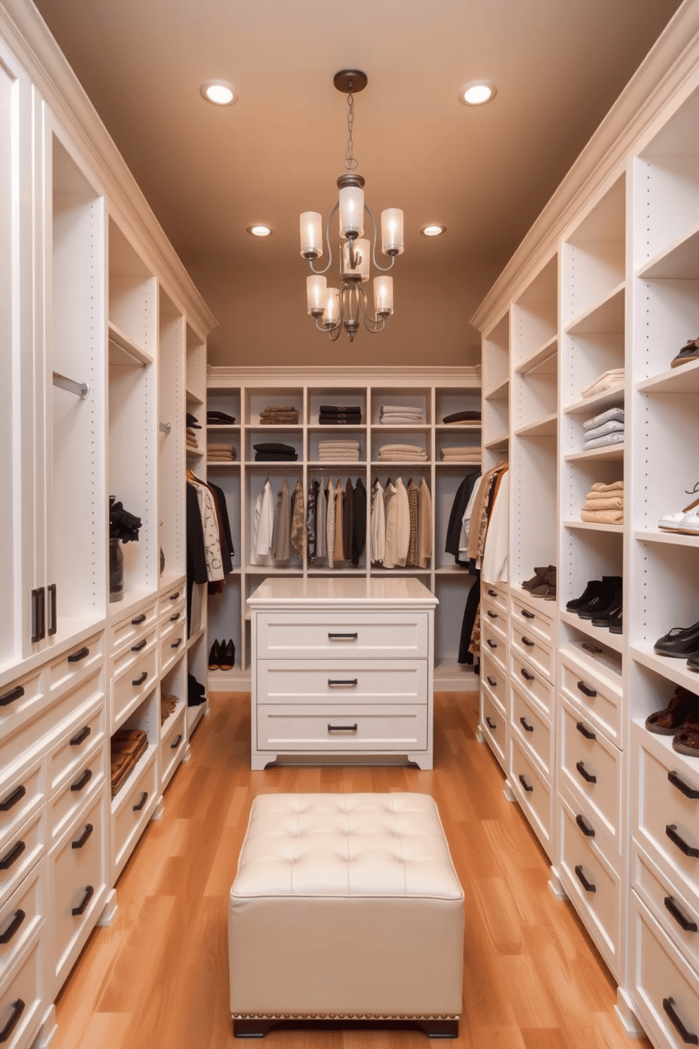 A spacious walk-in closet featuring custom-built shelving and drawer dividers for neatness. The walls are painted in a soft beige, and the flooring is a light hardwood, creating an inviting atmosphere for organized storage. Incorporate a central island with additional drawers for accessories, complemented by a stylish ottoman for seating. Elegant lighting fixtures hang from the ceiling, illuminating the neatly arranged shoes and folded garments on display.