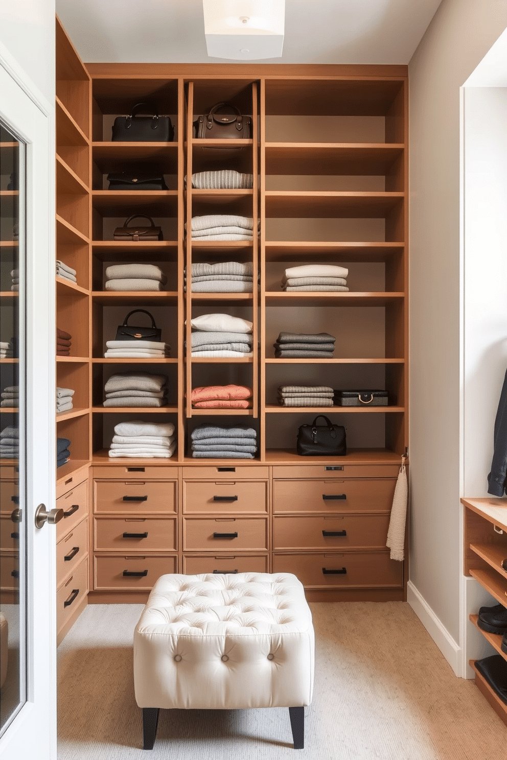 A stylish walk-in closet featuring high shelves accessed by a sleek wooden ladder. The shelves are organized with neatly folded sweaters and handbags, while a plush ottoman sits in the center for comfort and convenience.