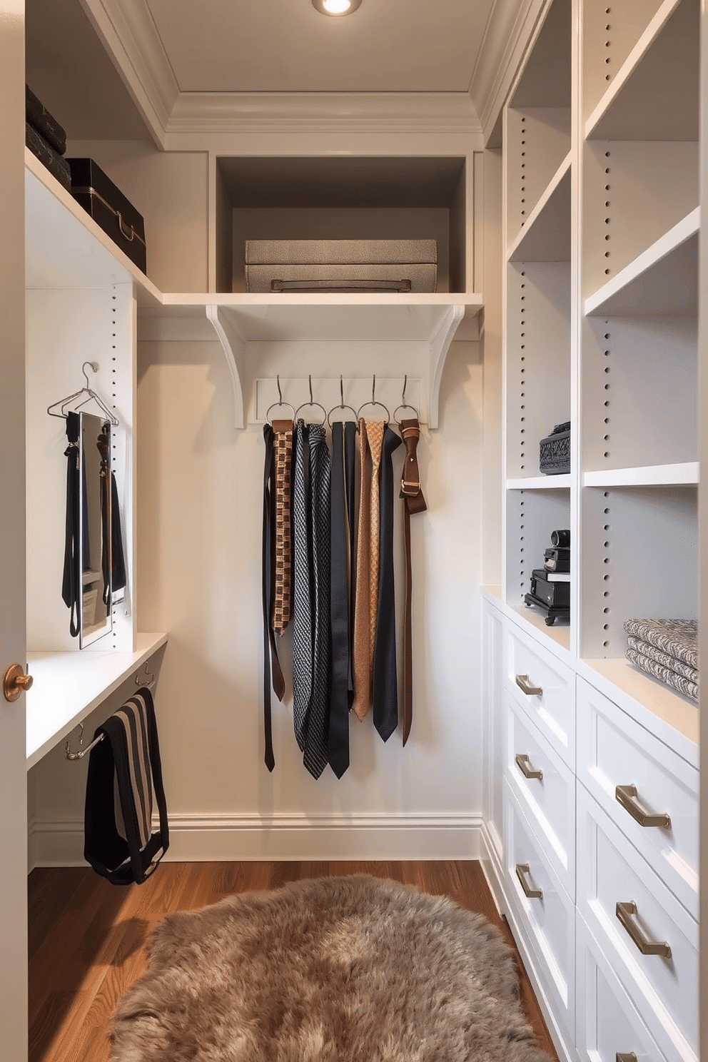 A stylish walk-in closet featuring organized hooks for hanging belts and ties. The walls are lined with elegant shelving, and a plush rug adds warmth to the space.