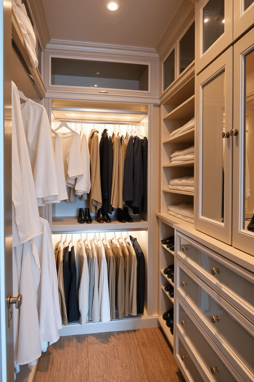 A luxurious walk-in closet featuring tiered hangers for pants, allowing for efficient organization and easy access to clothing. The space is illuminated by soft, ambient lighting, highlighting the elegant shelving and custom cabinetry that provide ample storage for shoes and accessories.