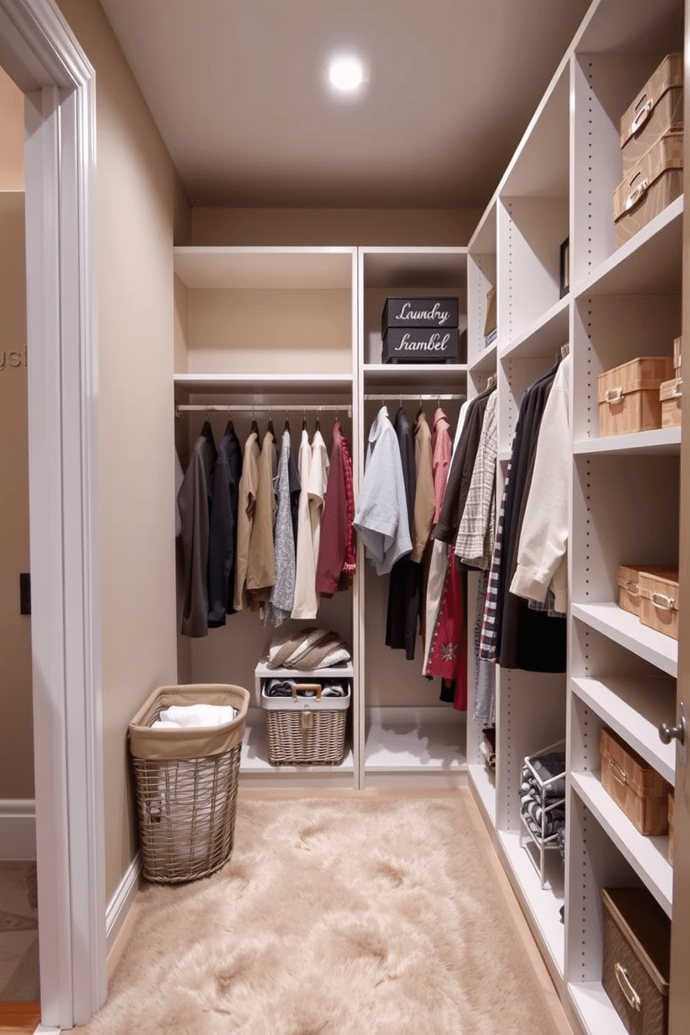 A stylish walk-in closet featuring organized shelving and hanging spaces for clothing. In one corner, a designated laundry hamper section is seamlessly integrated, with a chic basket that complements the overall design. The walls are adorned with soft, neutral tones, while elegant lighting fixtures illuminate the space. A plush area rug adds warmth underfoot, and decorative boxes are neatly arranged on the shelves for added storage.