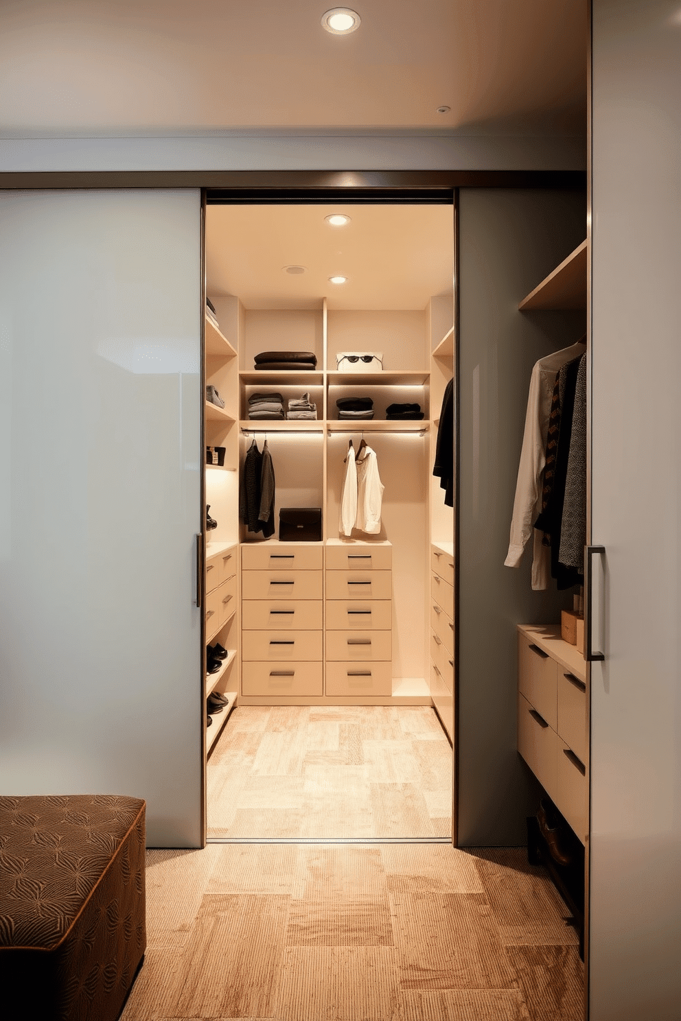 A sleek walk-in closet features sliding doors that seamlessly blend into the surrounding walls, maximizing space while providing easy access. Inside, a well-organized layout includes custom shelving, elegant hanging rods, and designated compartments for shoes and accessories, all enhanced by soft, ambient lighting.