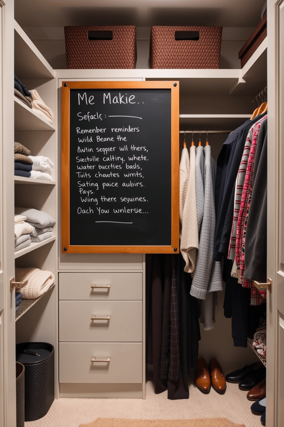 A stylish walk-in closet features a large chalkboard mounted on the wall for reminders and notes, adding a functional yet decorative element to the space. The closet is organized with a mix of open shelving and closed cabinetry, showcasing neatly folded sweaters and hanging garments in an aesthetically pleasing arrangement.