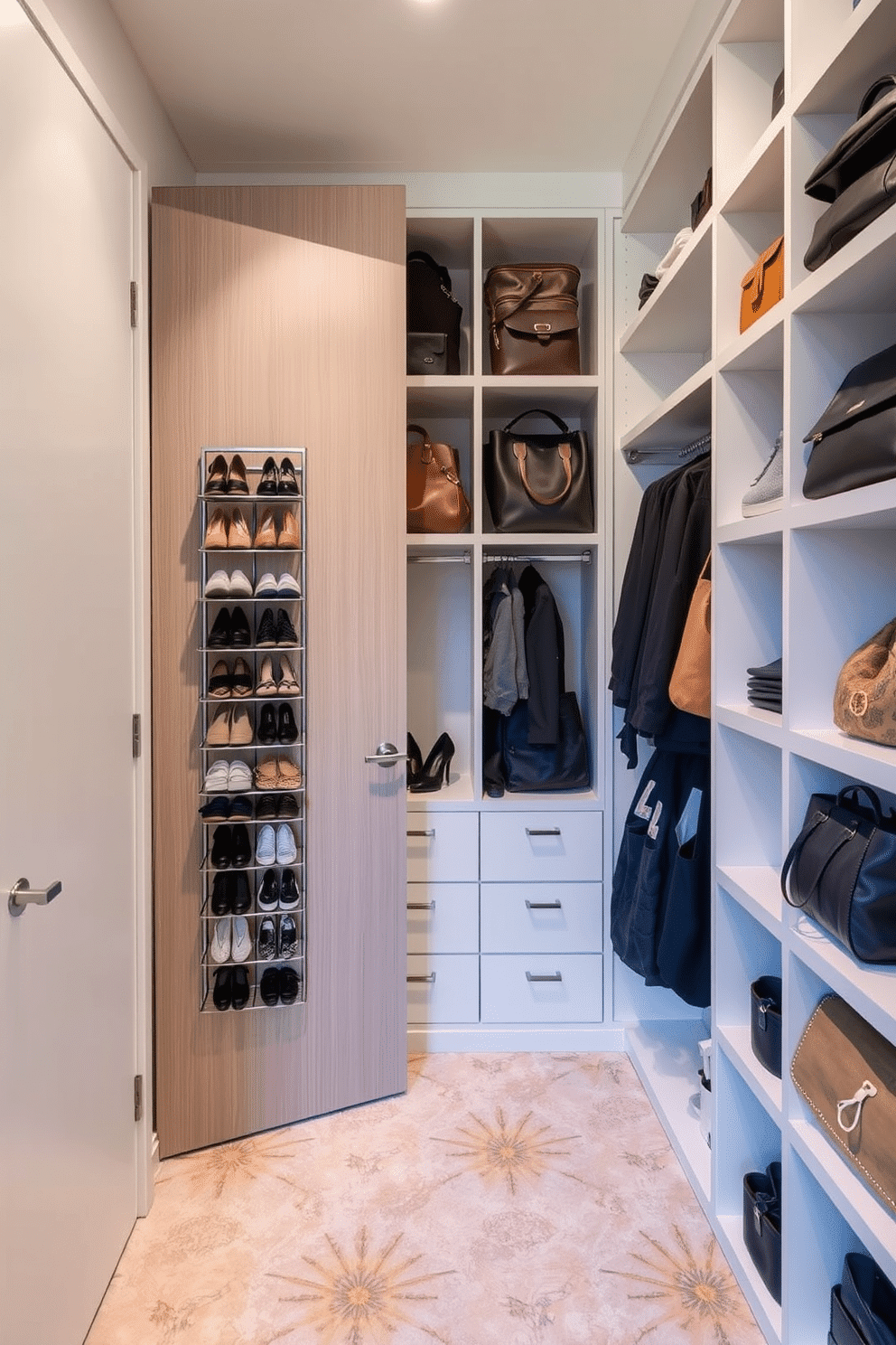 A stylish walk-in closet featuring organized storage solutions. The back of the door showcases a sleek shoe rack, while custom shelving units maximize vertical space for bags and accessories.