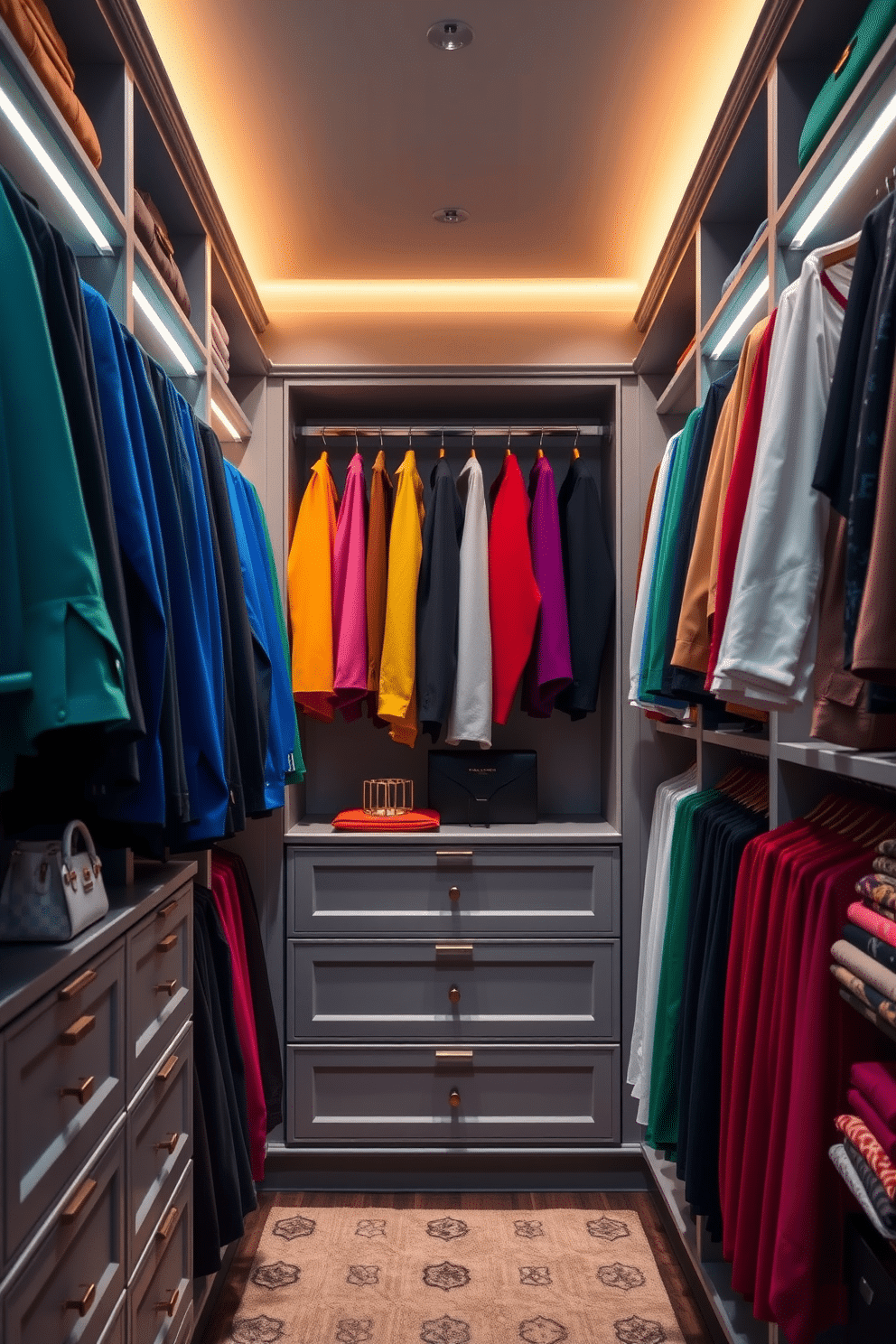 A luxurious walk-in closet featuring a color-coded clothing organization system. Each section is meticulously arranged by hue, creating a visually striking display of garments that enhances the overall aesthetic. The closet is illuminated by soft, warm lighting that highlights the textures of the fabrics. Elegant shelving units and drawers provide ample storage for accessories, shoes, and bags, ensuring a clutter-free environment.