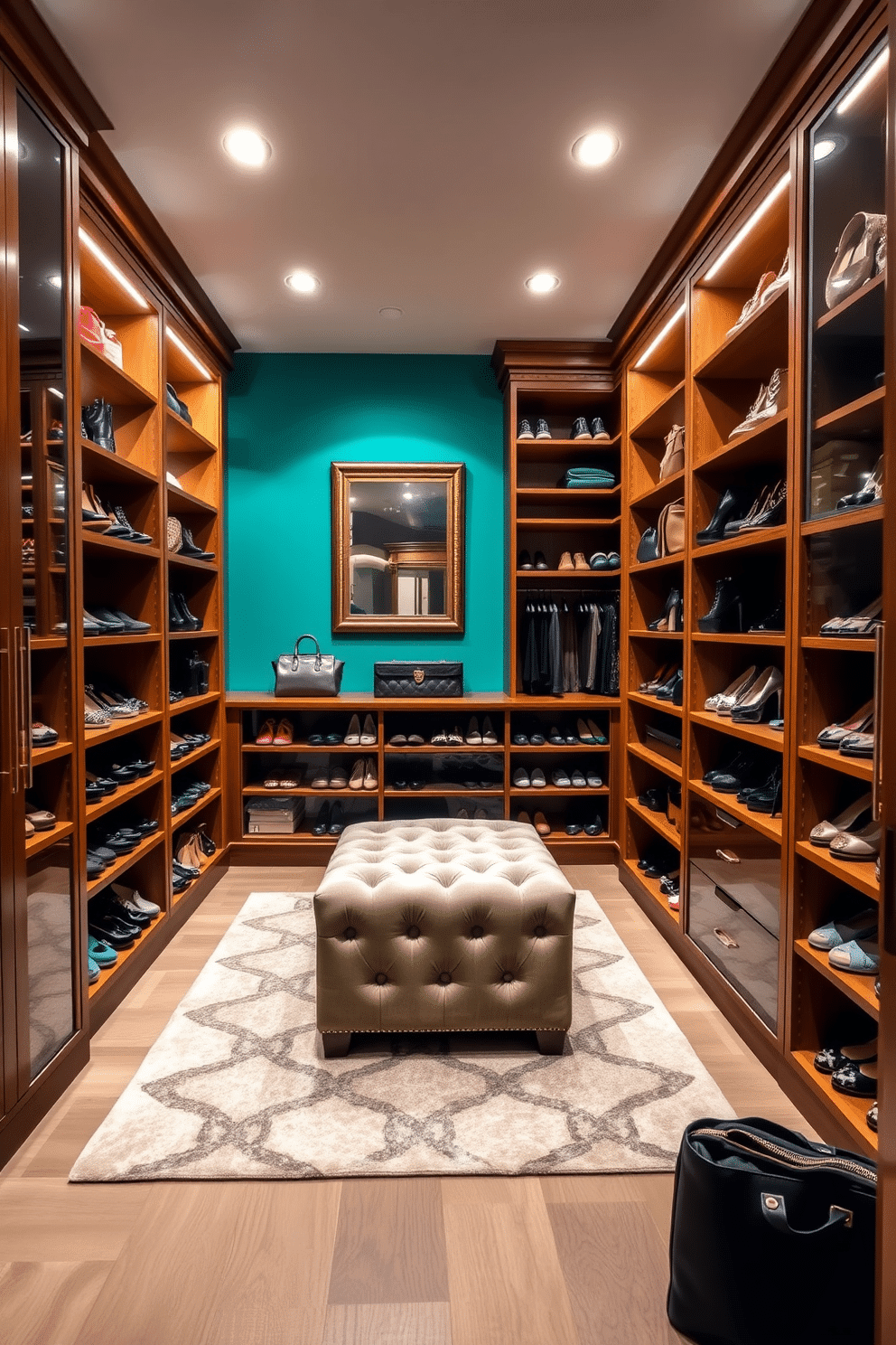 A luxurious walk-in closet featuring floor-to-ceiling shelves lined with neatly organized shoes and handbags. A vibrant accent wall in a bold teal adds a pop of color, complementing the warm wood tones of the cabinetry. Soft lighting illuminates the space, highlighting a plush area rug in a geometric pattern. A stylish ottoman sits in the center, providing a comfortable spot for putting on shoes while surrounded by chic organizational solutions.